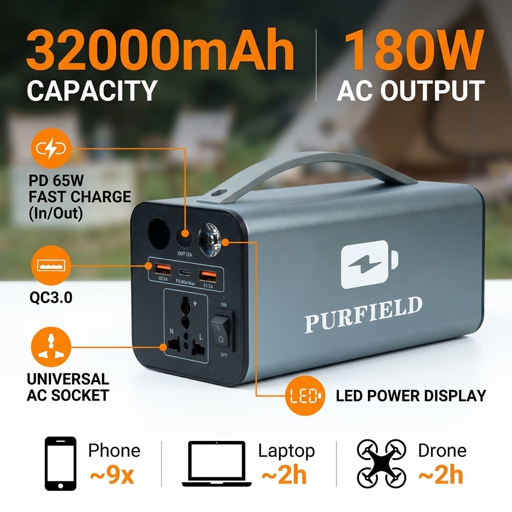 Outdoor Powerbank - 180W Outdoor Power Station 32000mAh 118.4Wh